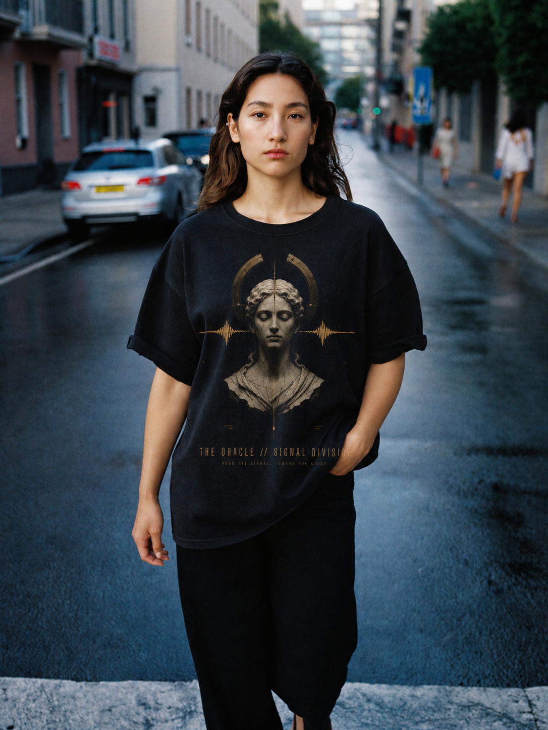 The Oracle Signal Division black T-shirt — female Athens lifestyle view 1