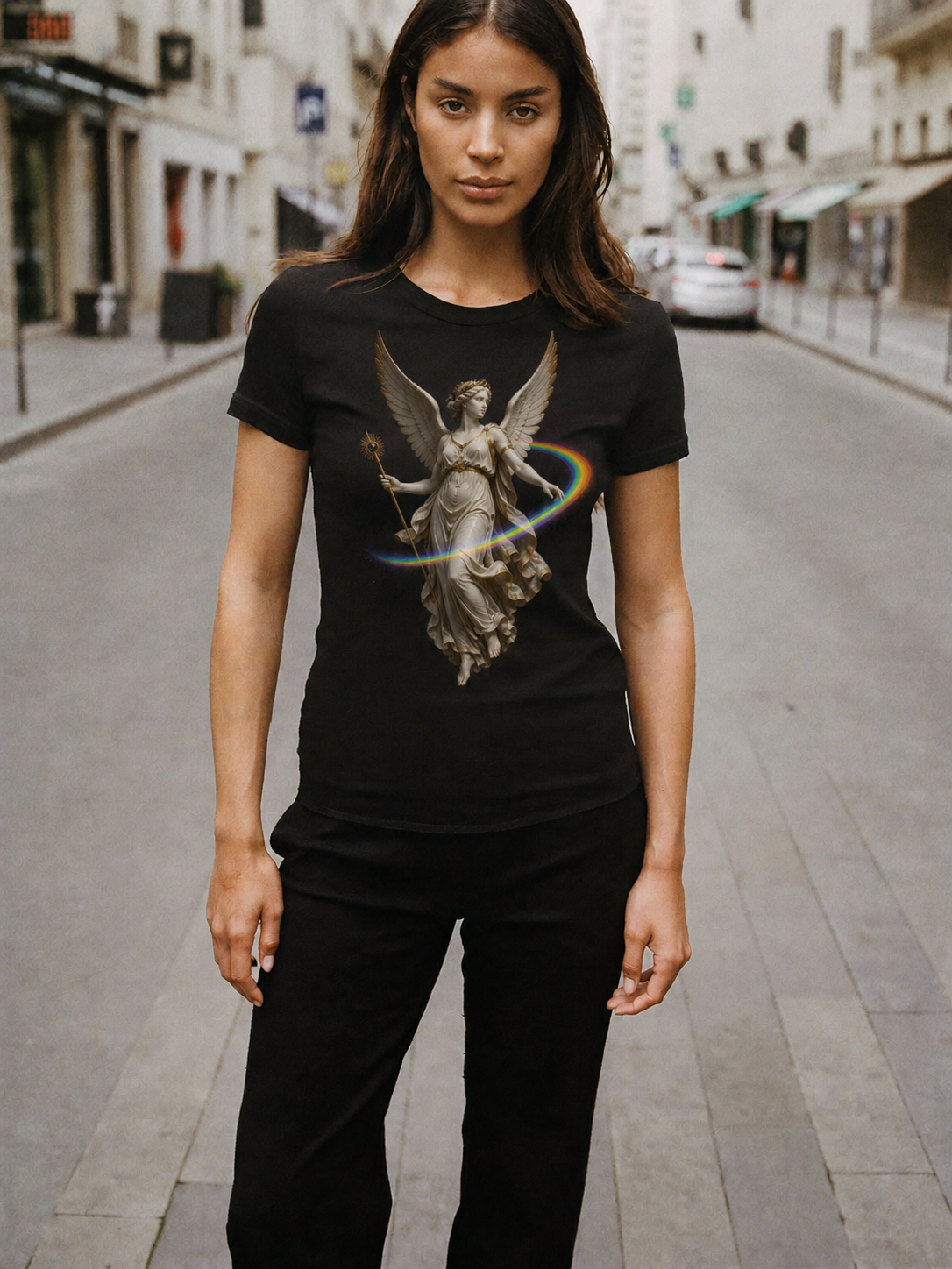 Iris Prism Arc black T-shirt — female Athens lifestyle shot 03