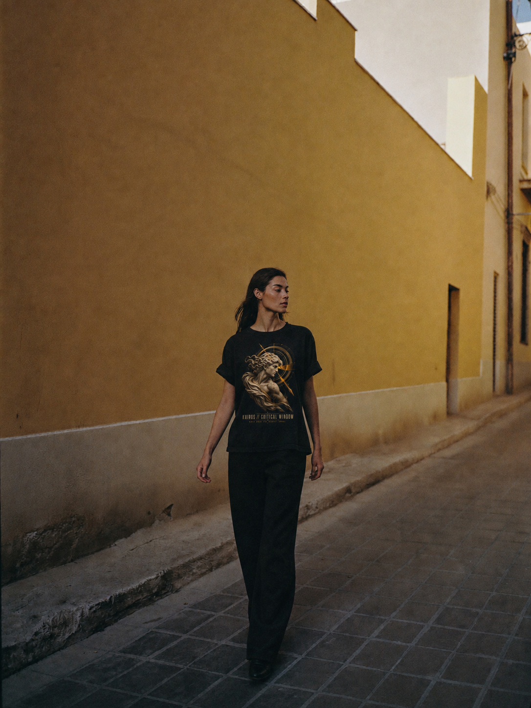Kairos Critical Window black T-shirt — female Athens lifestyle shot 03