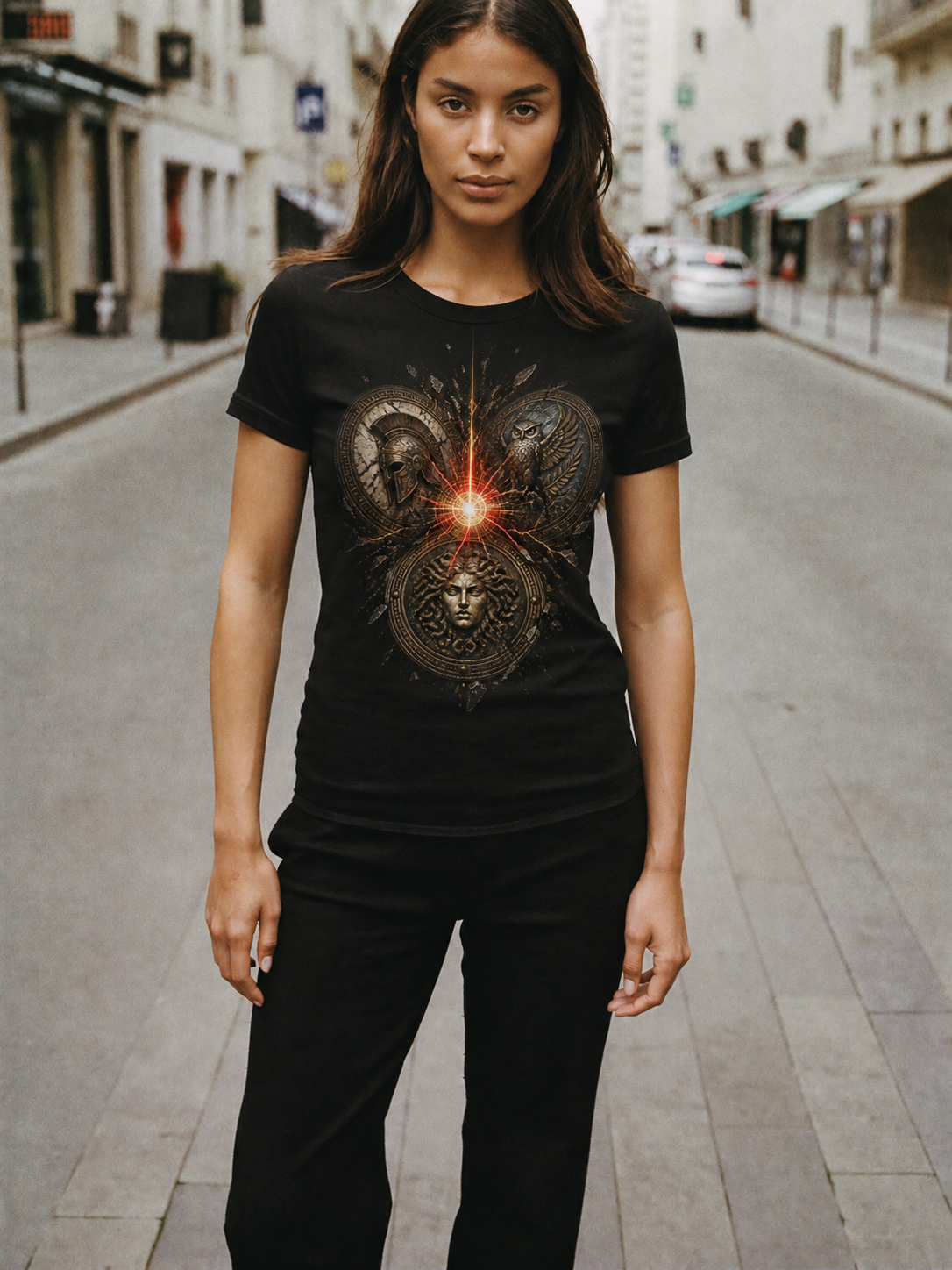 Kouretes Shield Circle black T-shirt — female Athens lifestyle shot 03
