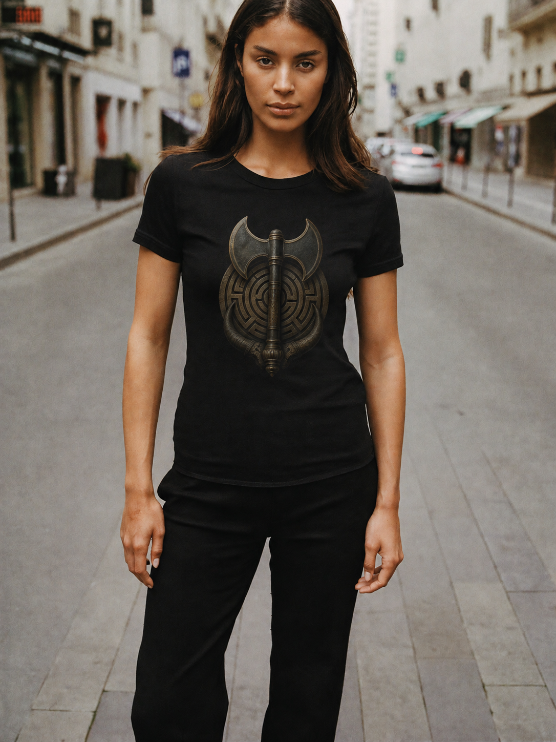 Labrys of Knossos black T-shirt — female Athens lifestyle shot 03