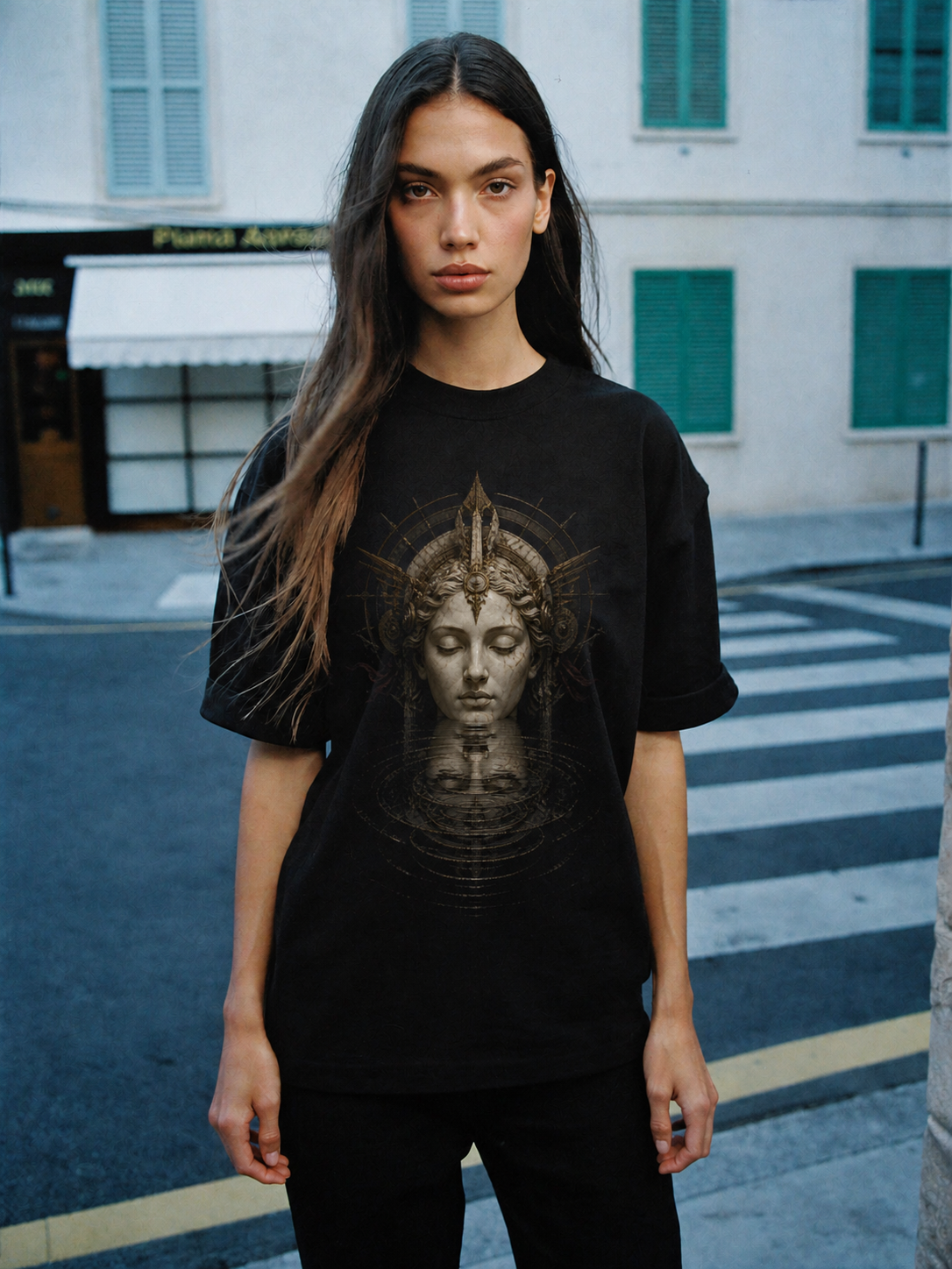 Lethe Vanishing Reflection black T-shirt — female Athens lifestyle shot 03