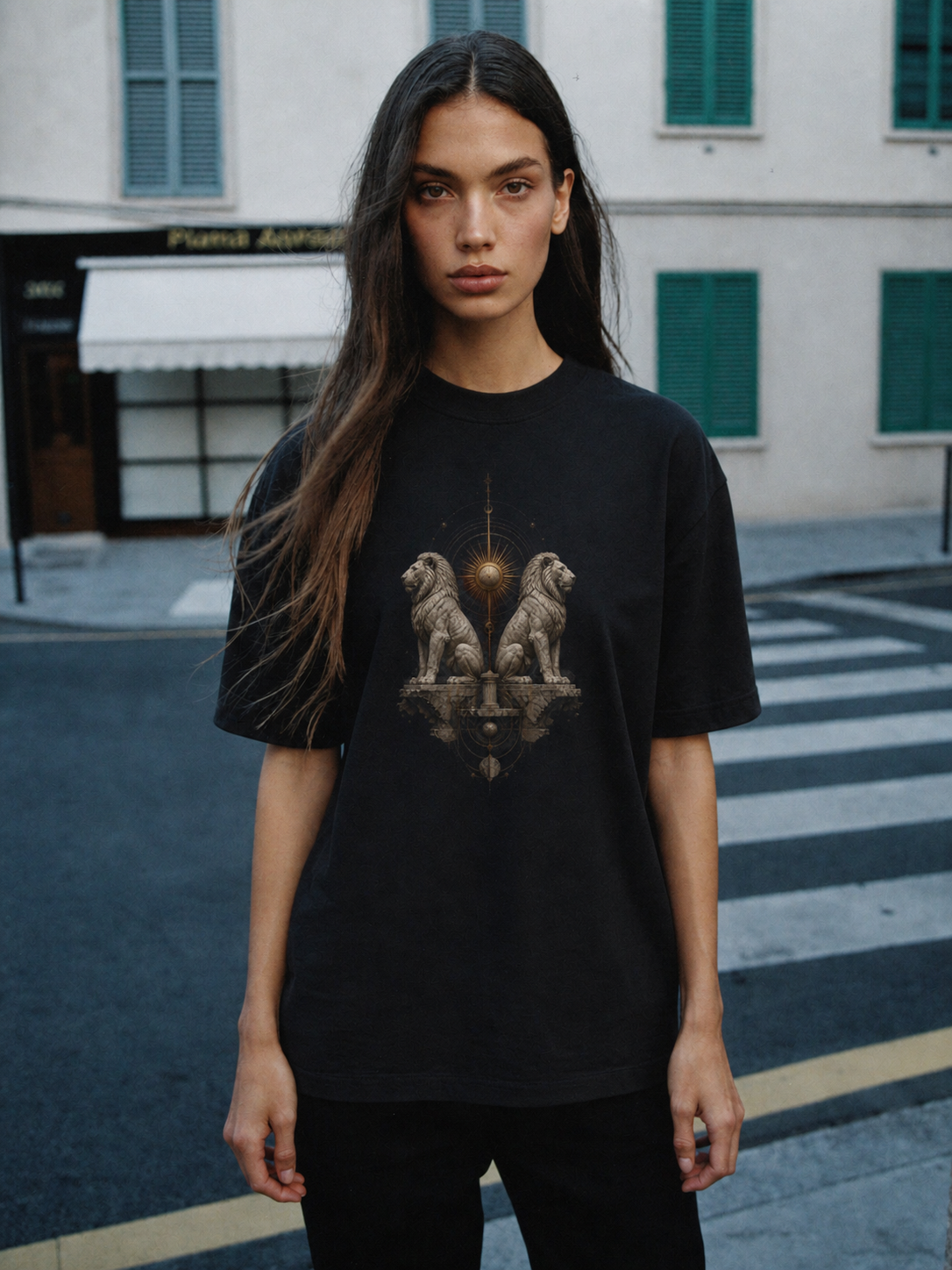 Lions of Delos black T-shirt — female Athens lifestyle shot 03