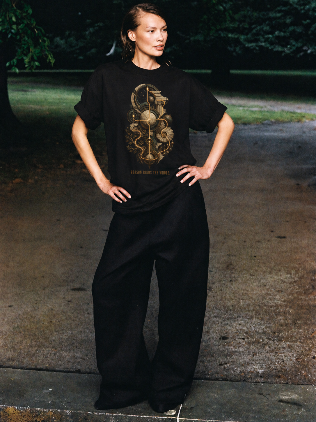 Logos Coherent Order black T-shirt — female Athens lifestyle shot 03