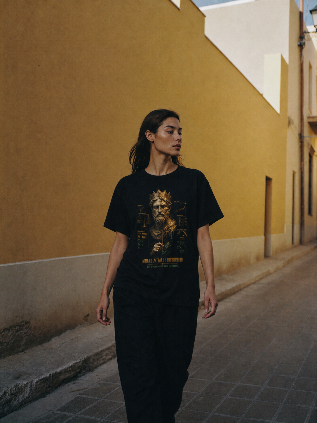 Midas Value Distortion black T-shirt — female Athens lifestyle shot 03