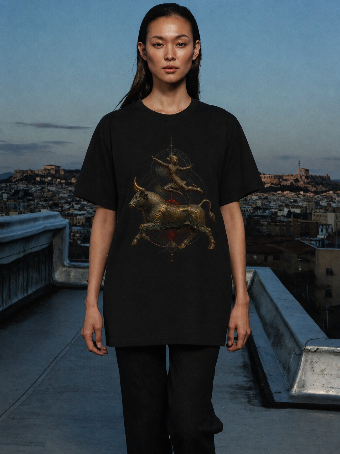 Minoan Bull Leap black T-shirt — female Athens lifestyle shot 03