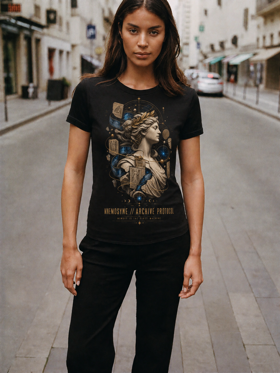 Mnemosyne Archive Protocol black T-shirt — female Athens lifestyle shot 03