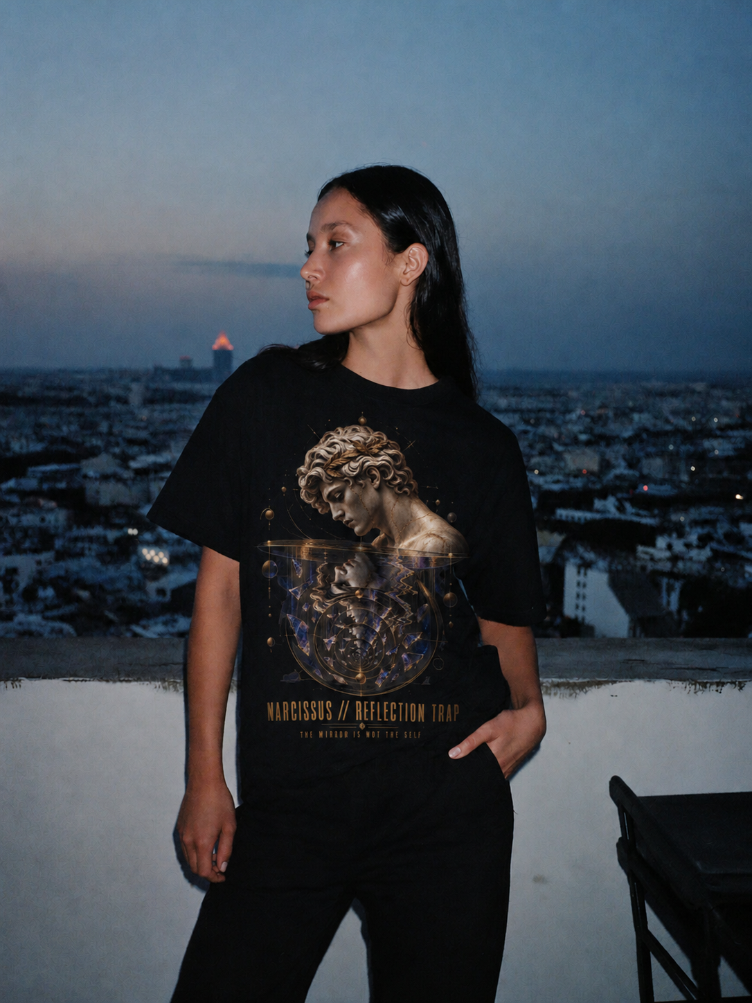 Narcissus Reflection Trap black T-shirt — female Athens lifestyle shot 03