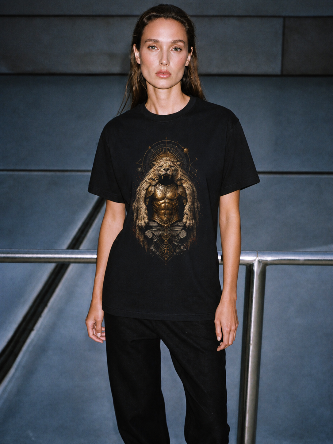 Nemean Lion Mantle black T-shirt — female Athens lifestyle shot 03
