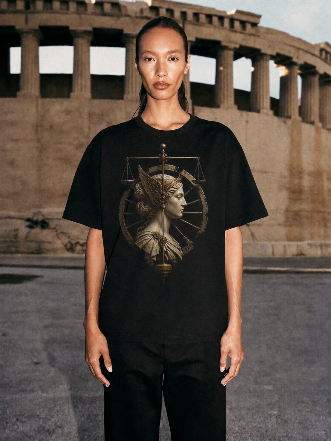 Nemesis Wheel black T-shirt — female Athens lifestyle shot 03