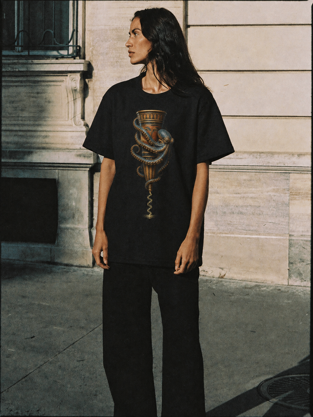 Octopus Rhyton T-Shirt — female lifestyle scene 1 in Athens