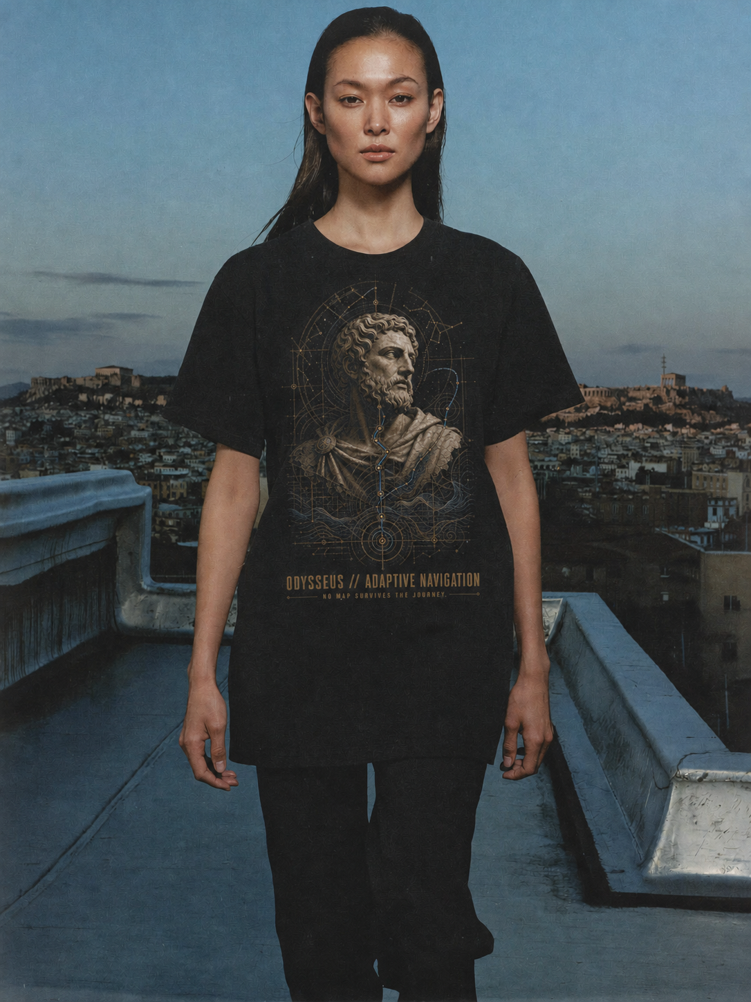 Odysseus Adaptive Navigation black T-shirt — female Athens lifestyle shot 03
