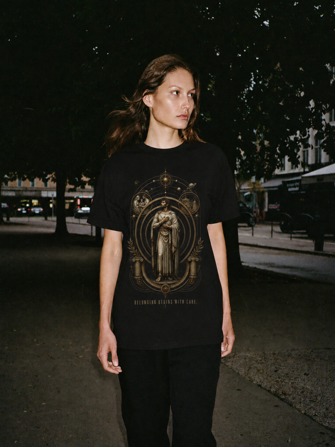Oikeiosis Expanding Circle black T-shirt — female Athens lifestyle shot 03