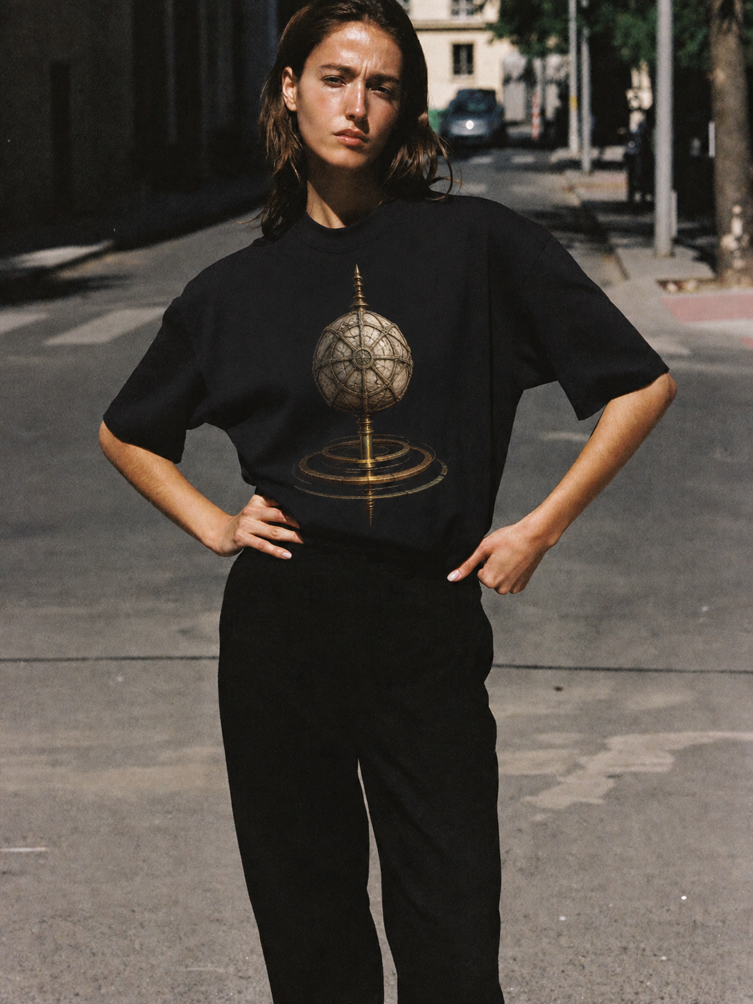 Omphalos World Axis black T-shirt — female Athens lifestyle shot 03