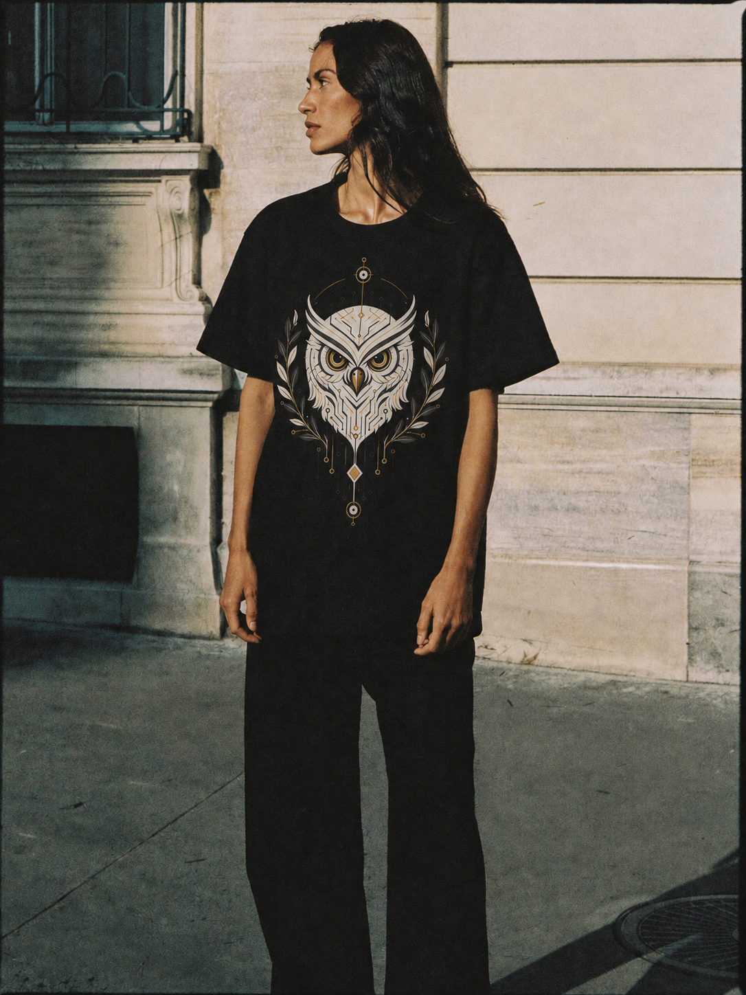 Owl of Wisdom black T-shirt — female Athens lifestyle view 1