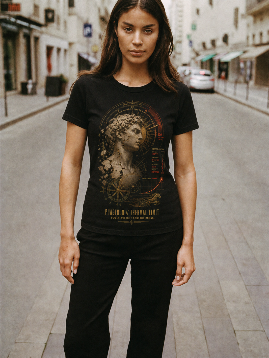 Phaethon Thermal Limit black T-shirt — female Athens lifestyle shot 03