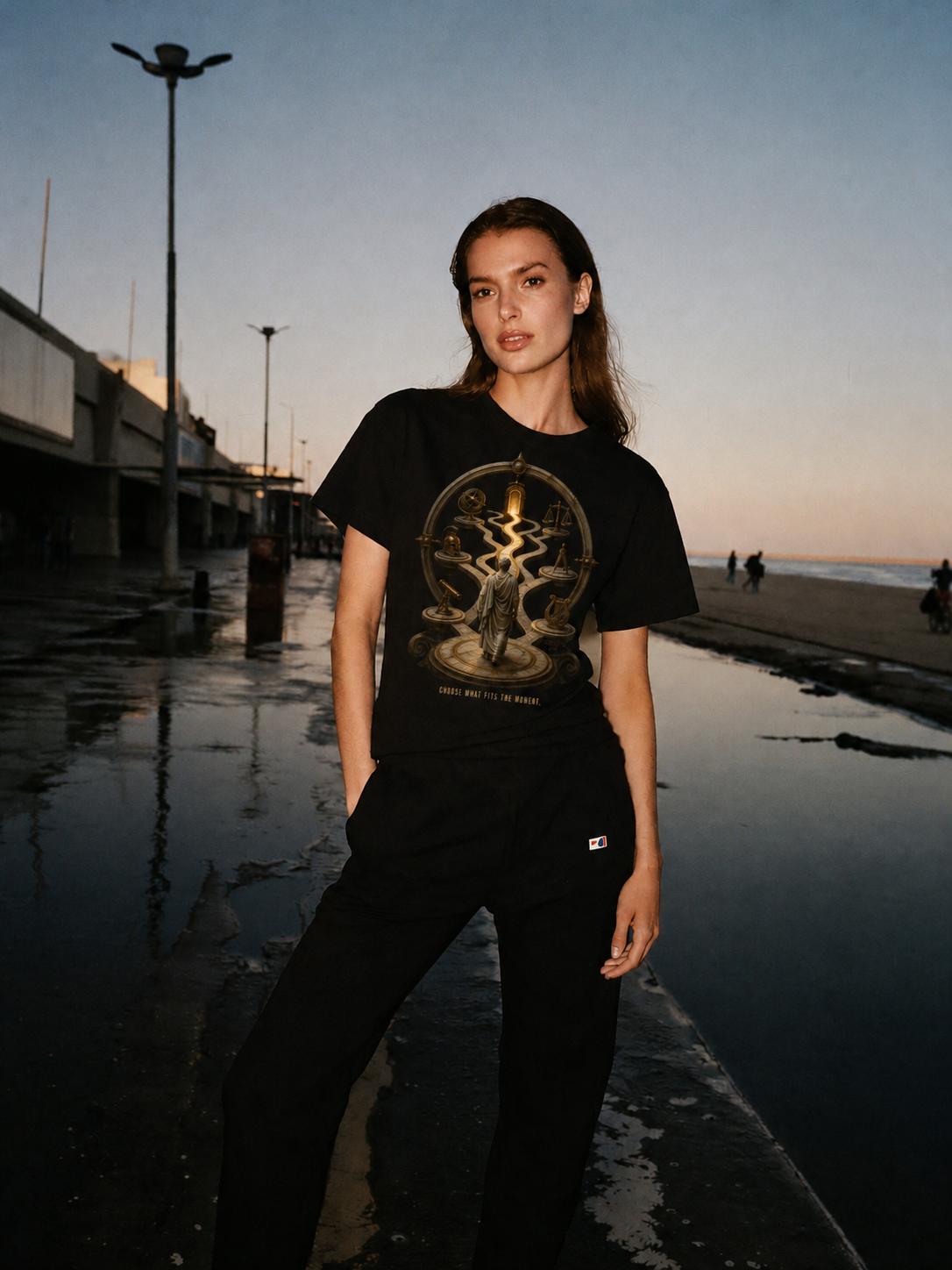 Phronesis Practical Wisdom black T-shirt — female Athens lifestyle shot 03