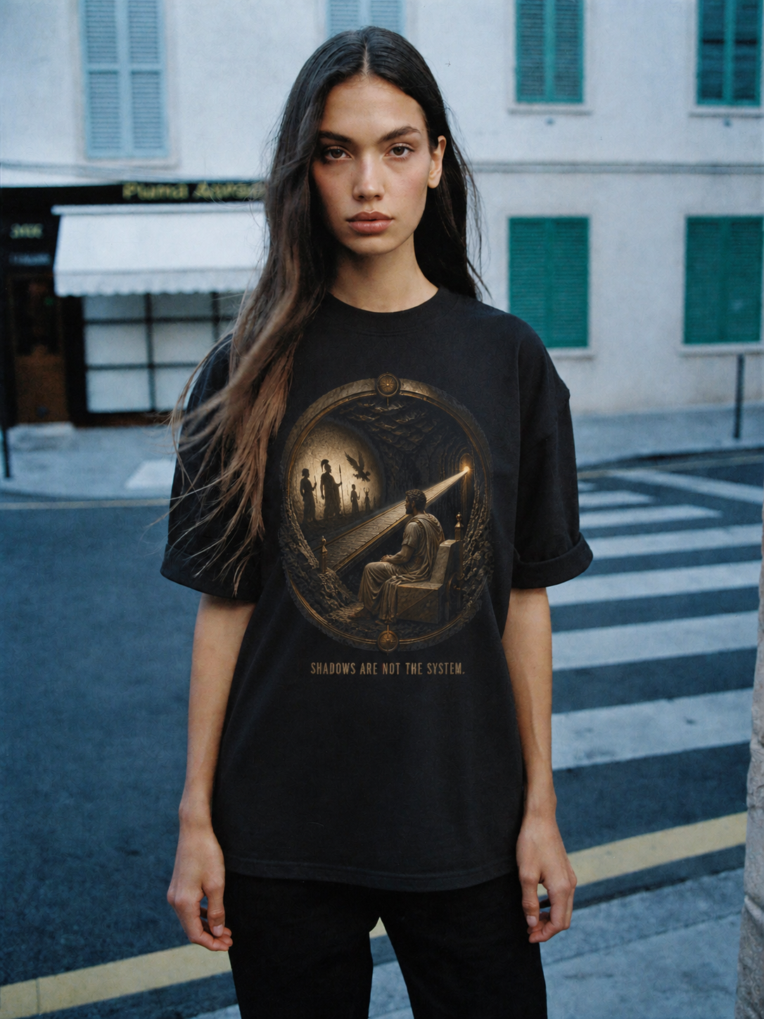 Plato Cave Protocol black T-shirt — female Athens lifestyle shot 03