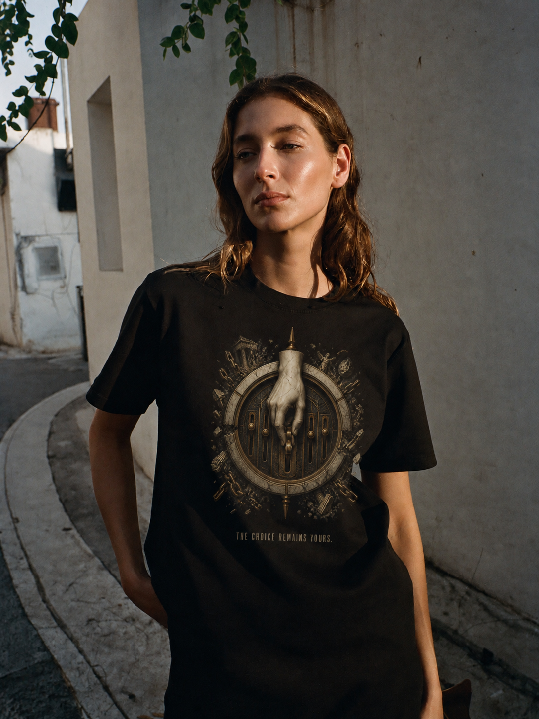 Prohairesis Inner Command black T-shirt — female Athens lifestyle shot 03