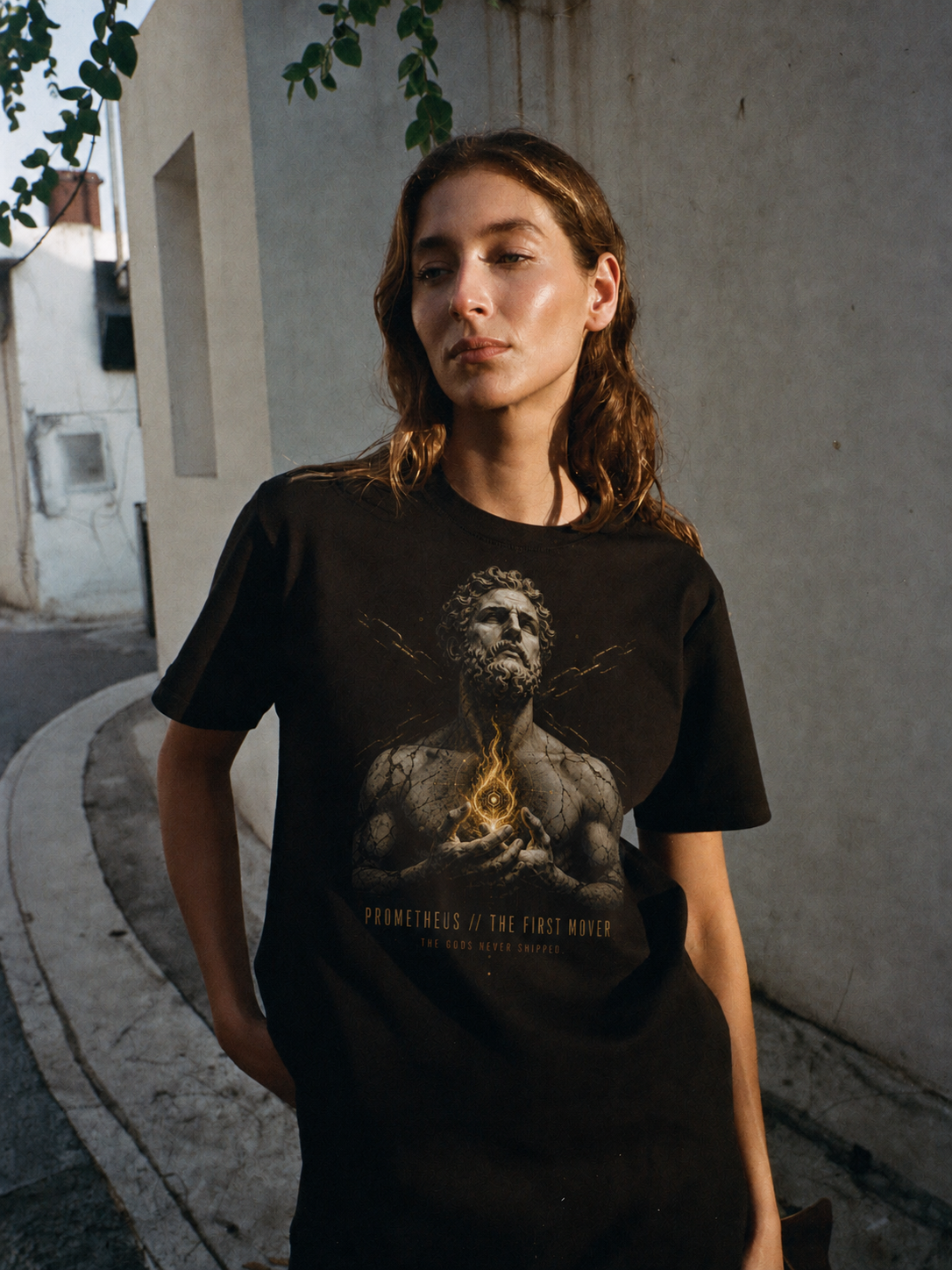 Prometheus First Mover black T-shirt — female Athens lifestyle view 1