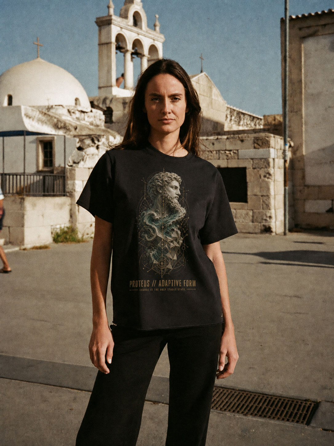Proteus Adaptive Form black T-shirt — female Athens lifestyle shot 03