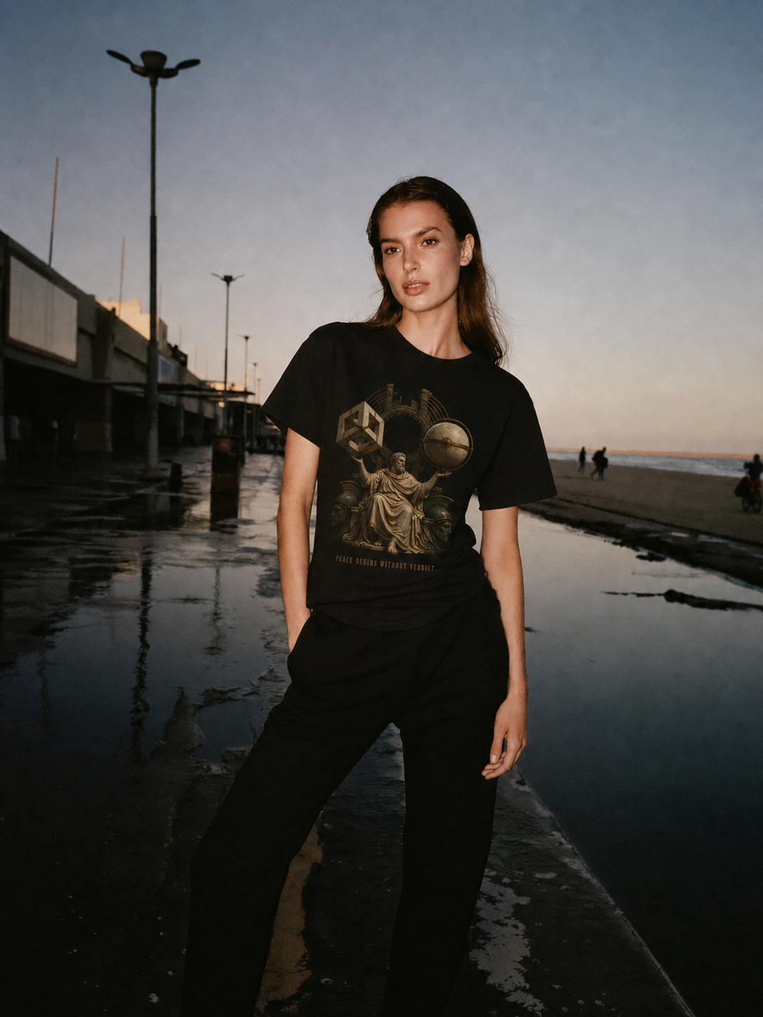 Pyrrho Suspension Mode black T-shirt — female Athens lifestyle shot 03