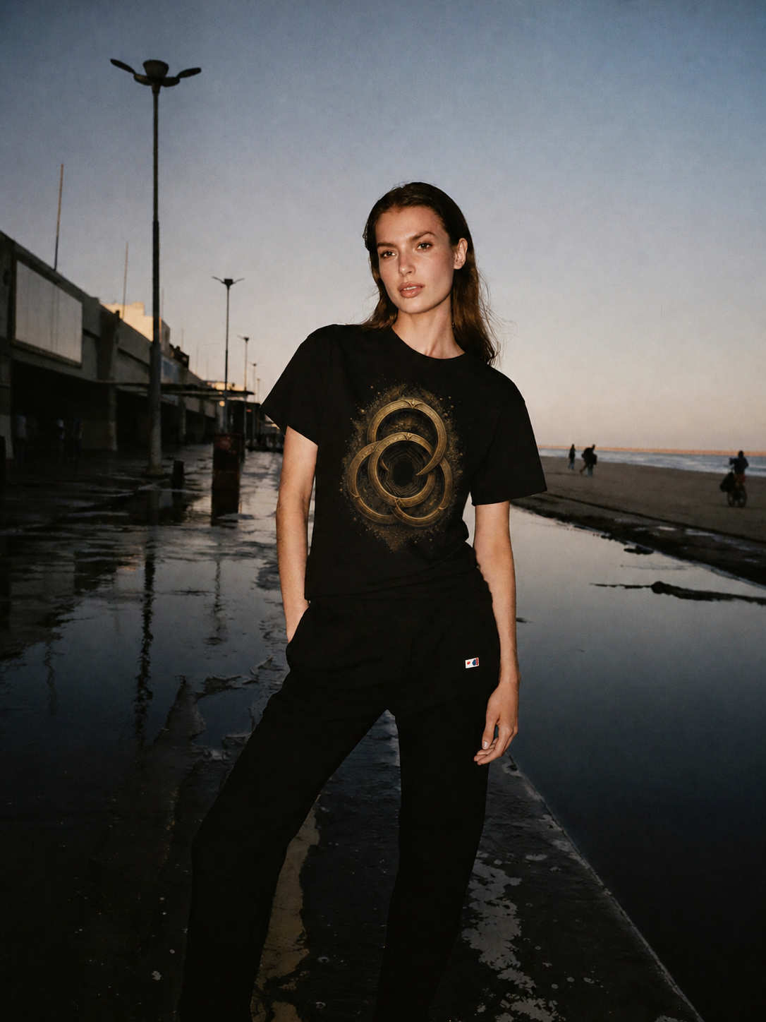 Samothrace Ring Portal black T-shirt — female Athens lifestyle shot 03