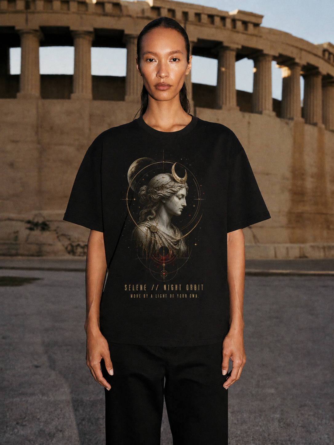 Selene Night Orbit black T-shirt — female Athens lifestyle shot 03