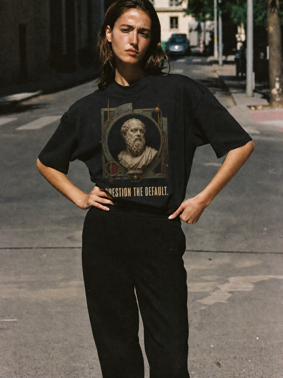 Socrates Examined Life black T-shirt — female Athens lifestyle shot 03