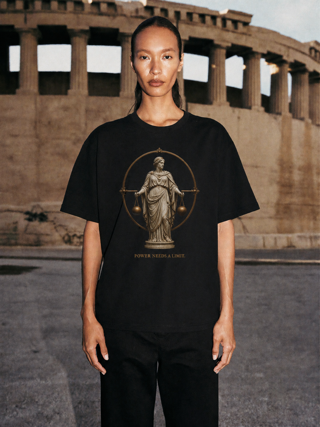 Sophrosyne Measure Within black T-shirt — female Athens lifestyle shot 03
