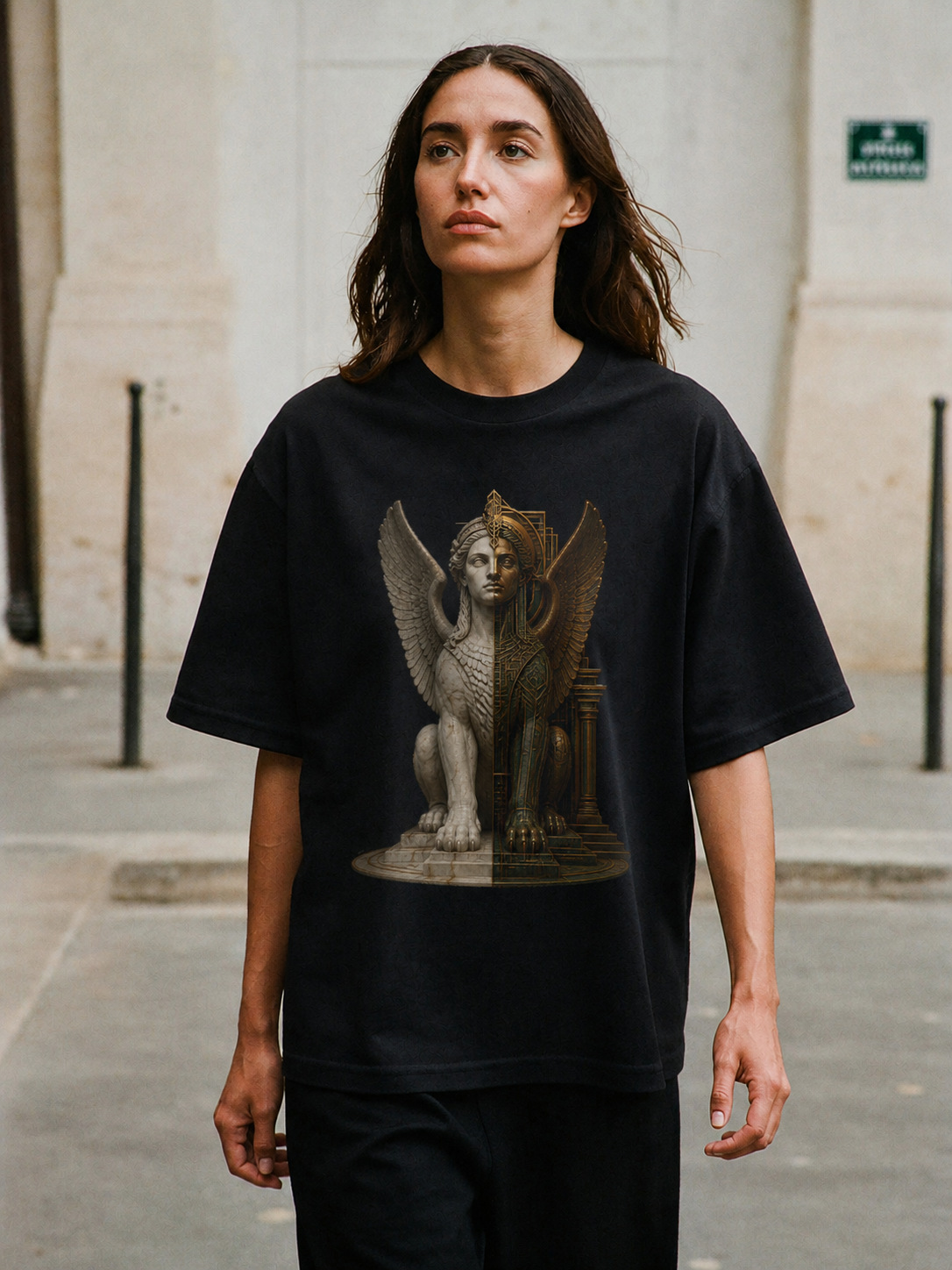 Sphinx Gate black T-shirt — female Athens lifestyle shot 03