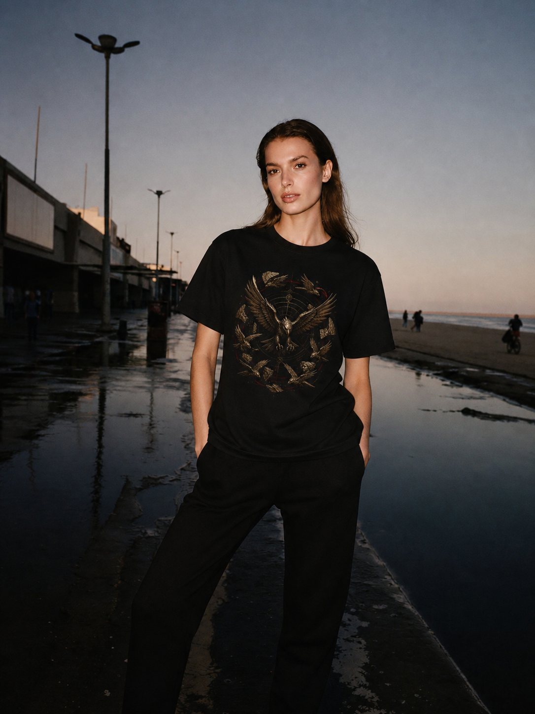 Stymphalian Metal Flock black T-shirt — female Athens lifestyle shot 03