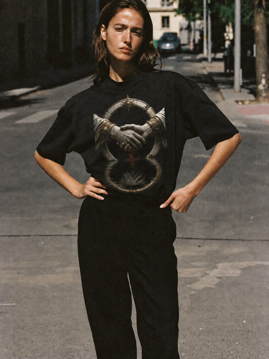 Styx Oath Current black T-shirt — female Athens lifestyle shot 03