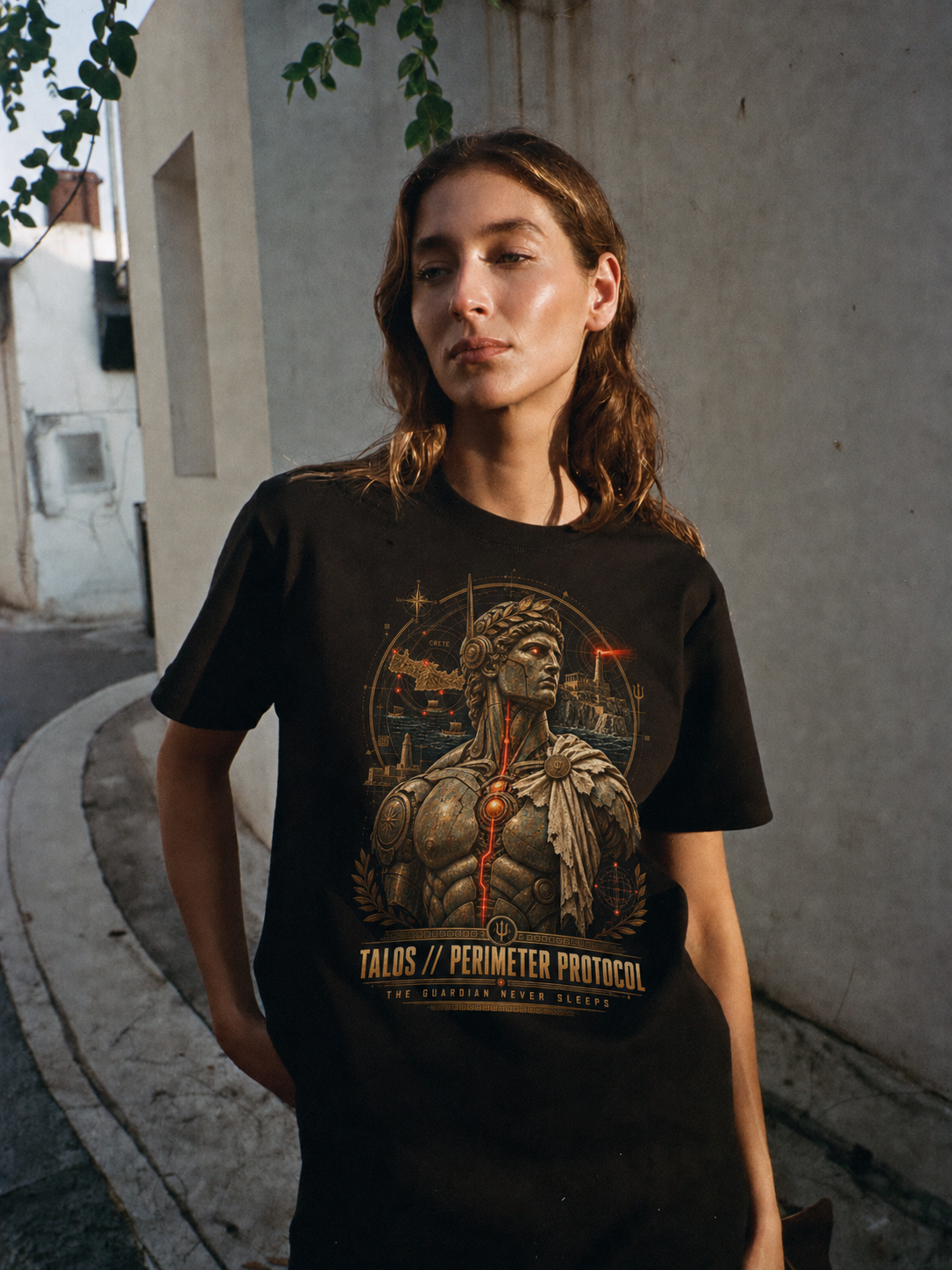 Talos Perimeter Protocol black T-shirt — female Athens lifestyle shot 03