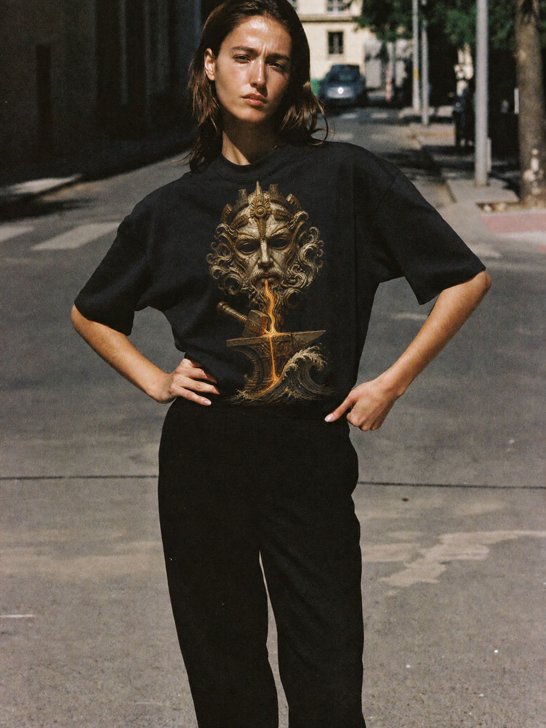 Telchines Abyssal Forge black T-shirt — female Athens lifestyle shot 03