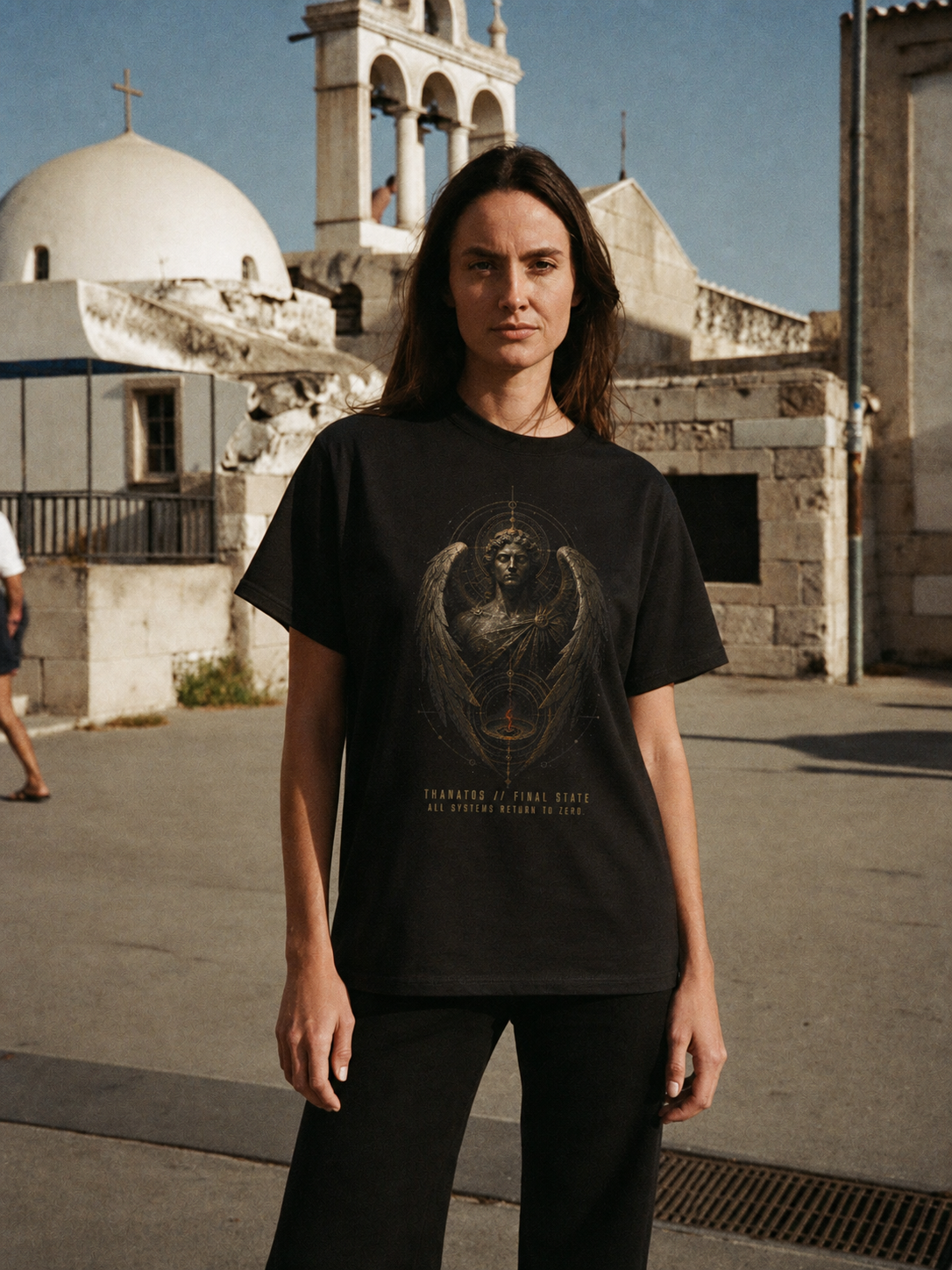 Thanatos Final State black T-shirt — female Athens lifestyle shot 03