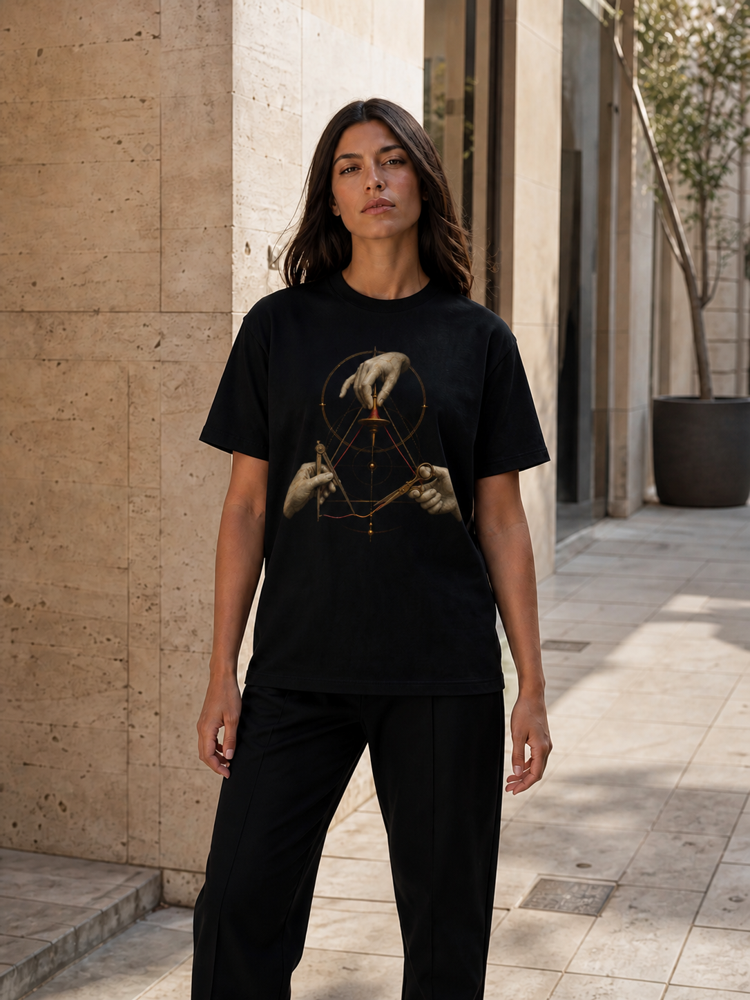 The Three Threads black T-shirt — female Athens lifestyle shot 03