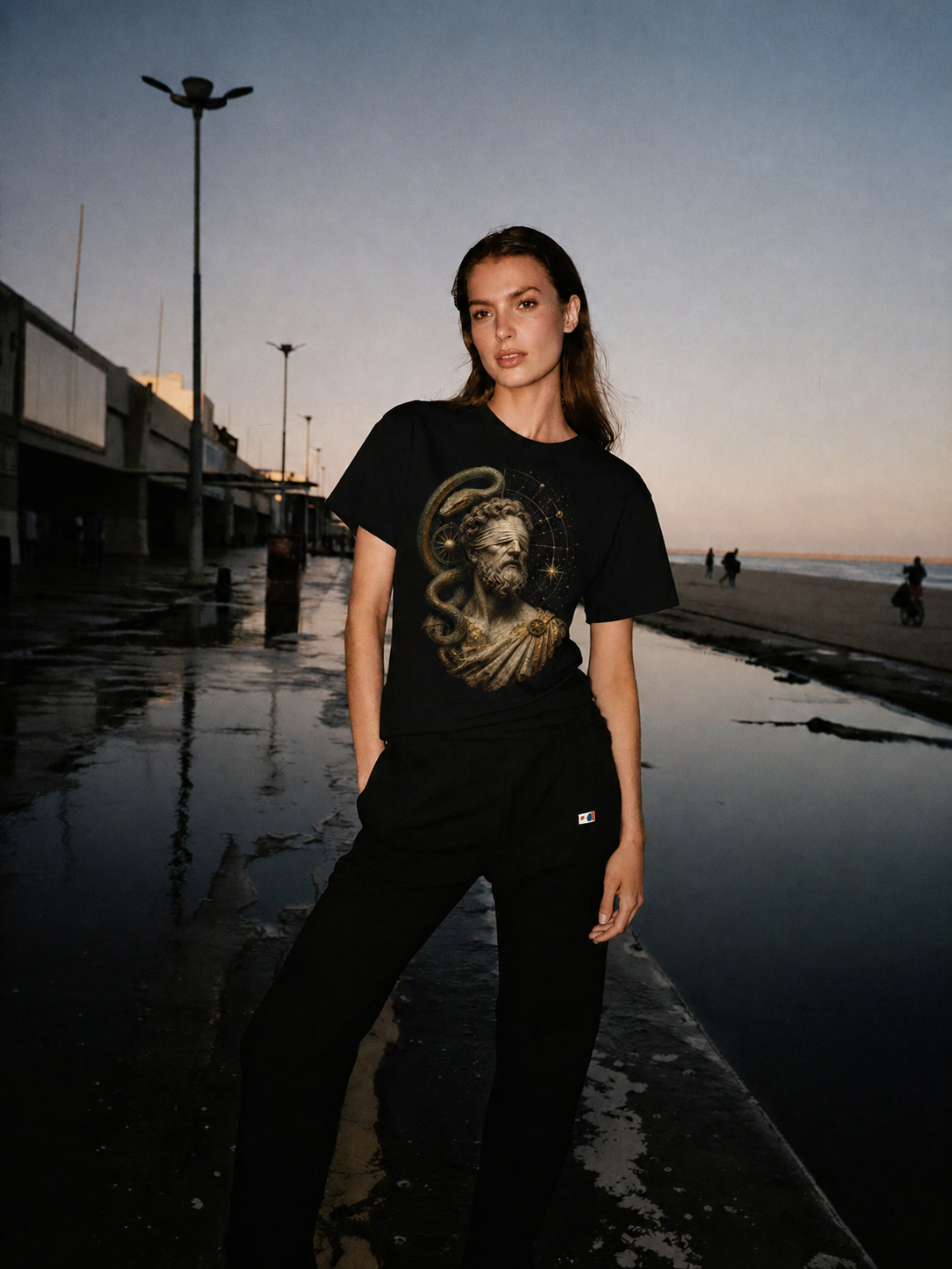 Tiresias Double Vision black T-shirt — female Athens lifestyle shot 03
