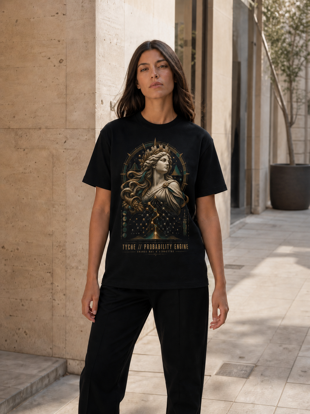 Tyche Probability Engine black T-shirt — female Athens lifestyle shot 03