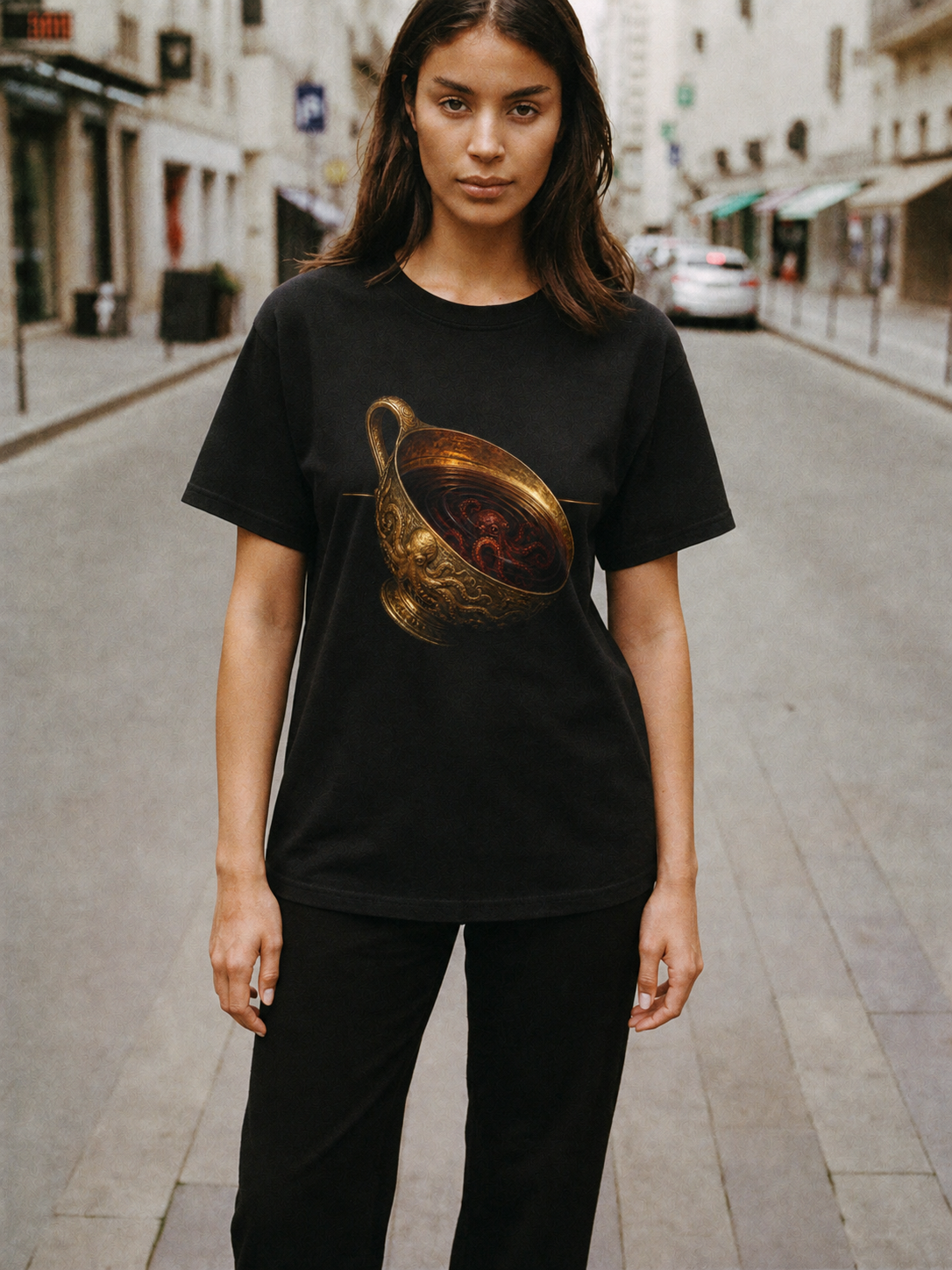 Wine-Dark Sea Cup T-Shirt — female lifestyle scene 1 in Athens