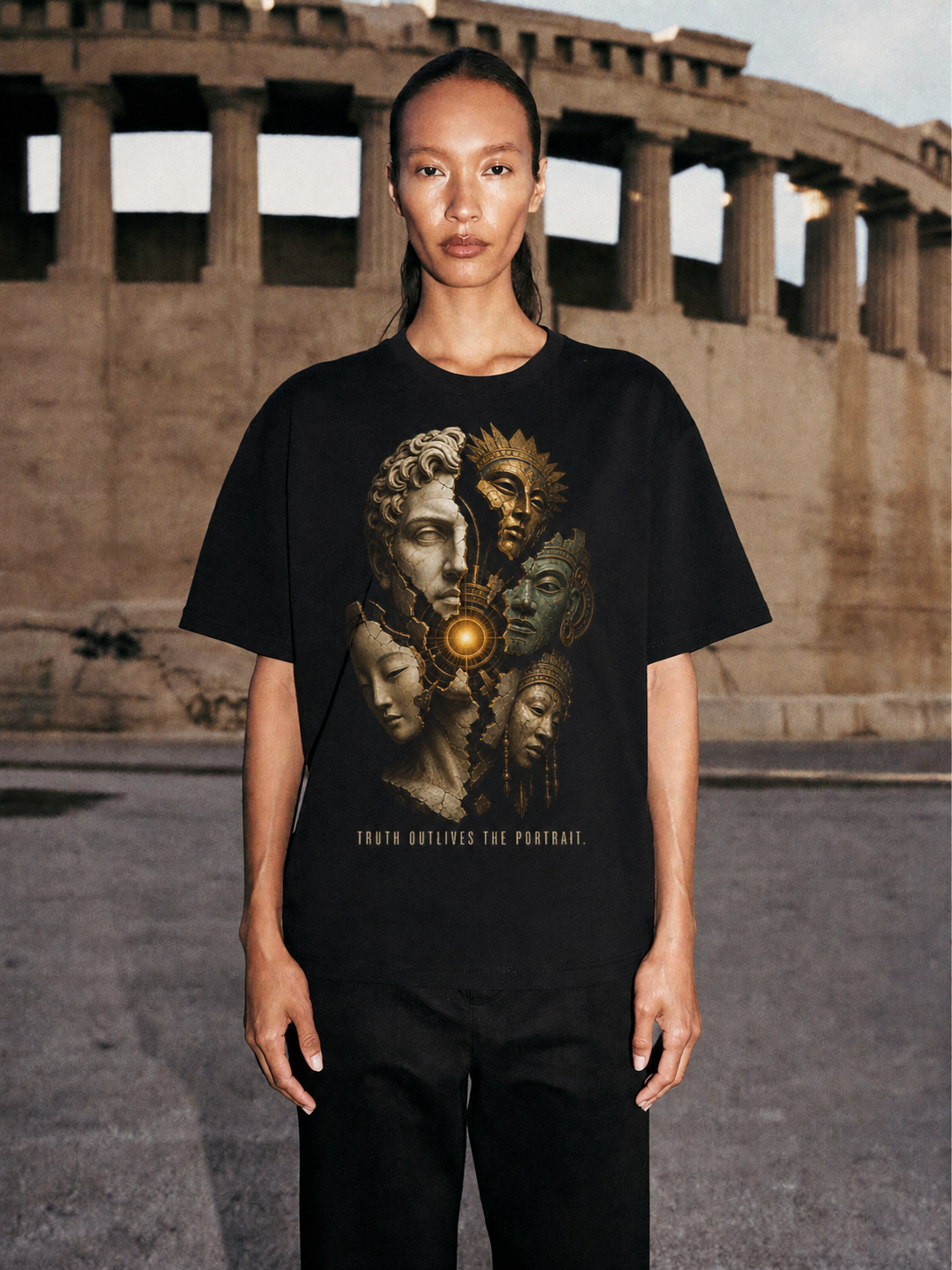 Xenophanes Beyond Image black T-shirt — female Athens lifestyle shot 03