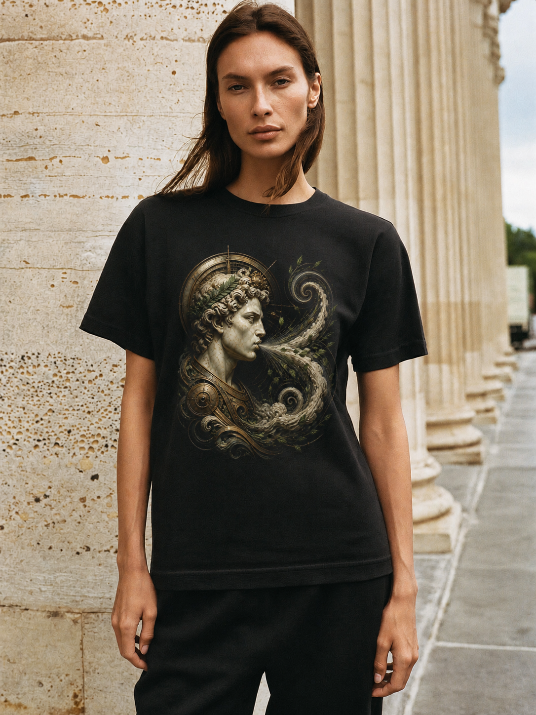 Zephyrus Spring Spiral black T-shirt — female Athens lifestyle shot 03