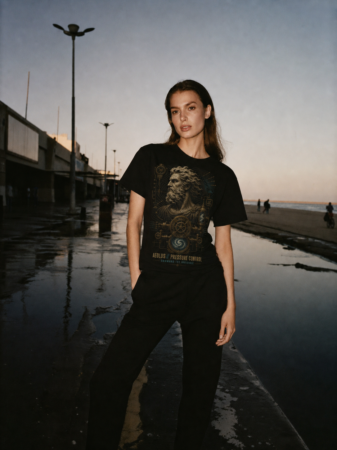 Aeolus Pressure Control black T-shirt — female Athens lifestyle shot 04