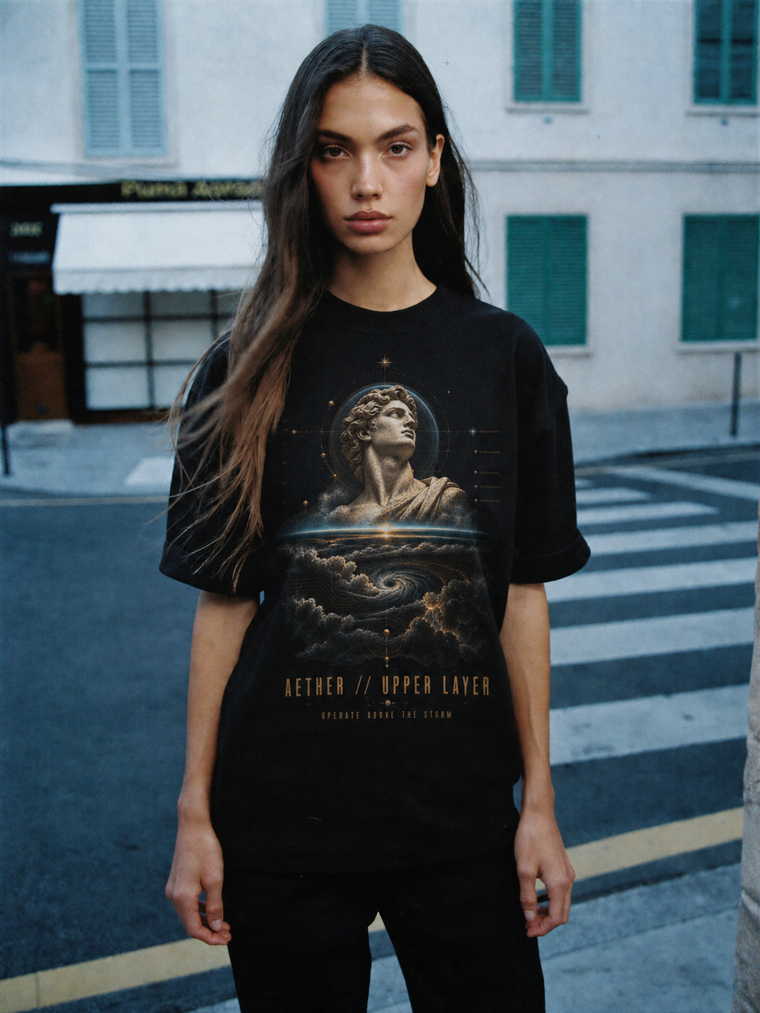 Aether Upper Layer black T-shirt — female Athens lifestyle shot 04