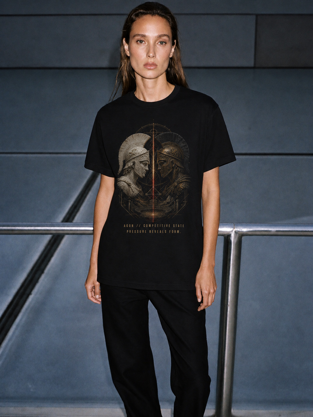 Agon Competitive State black T-shirt — female Athens lifestyle shot 04