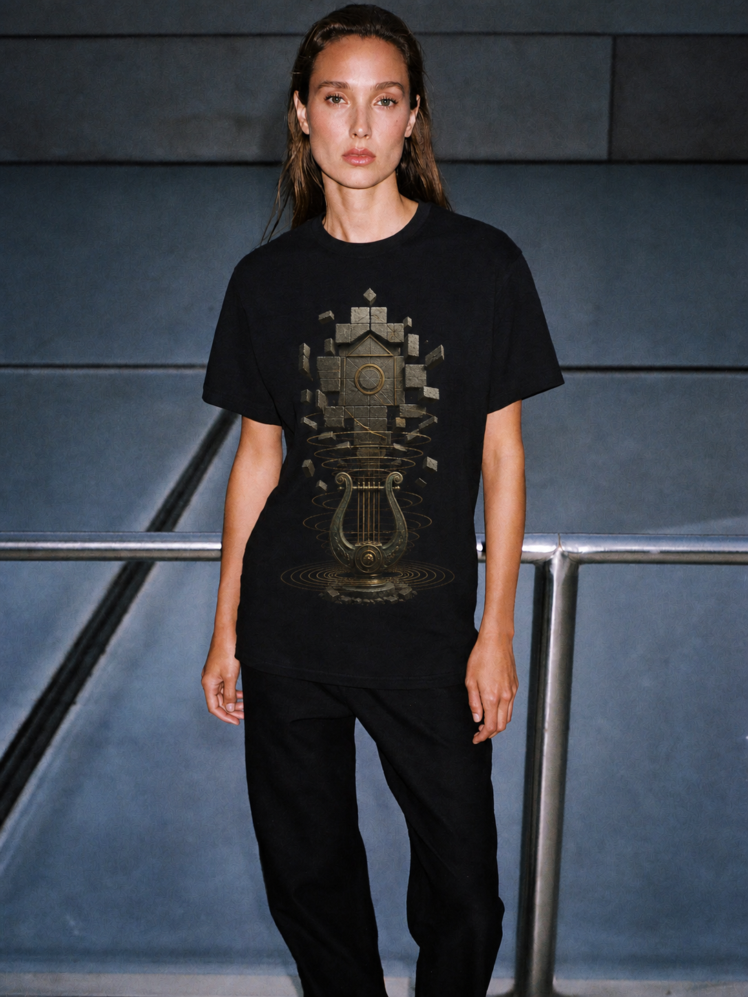 Amphion Stone Chorus black T-shirt — female Athens lifestyle shot 04