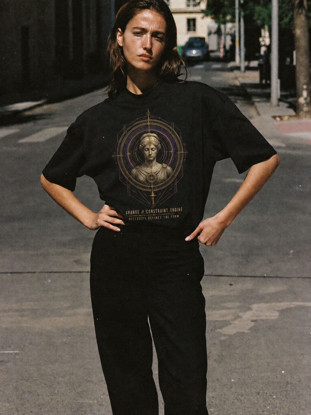 Ananke Constraint Engine black T-shirt — female Athens lifestyle shot 04
