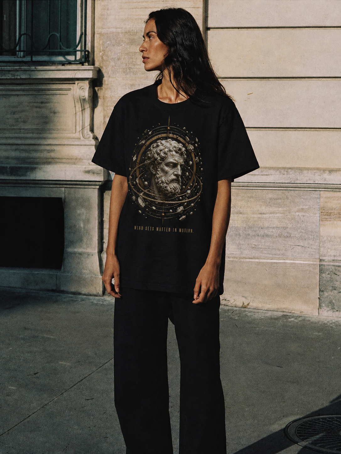 Anaxagoras Nous Engine black T-shirt — female Athens lifestyle shot 04
