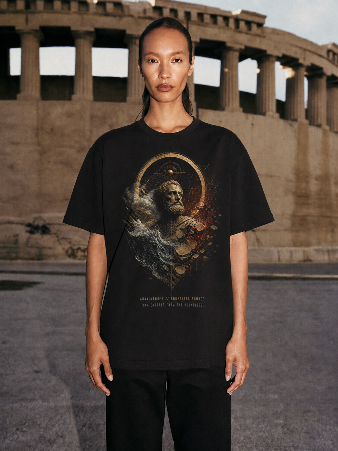 Anaximander Boundless Source black T-shirt — female Athens lifestyle shot 04