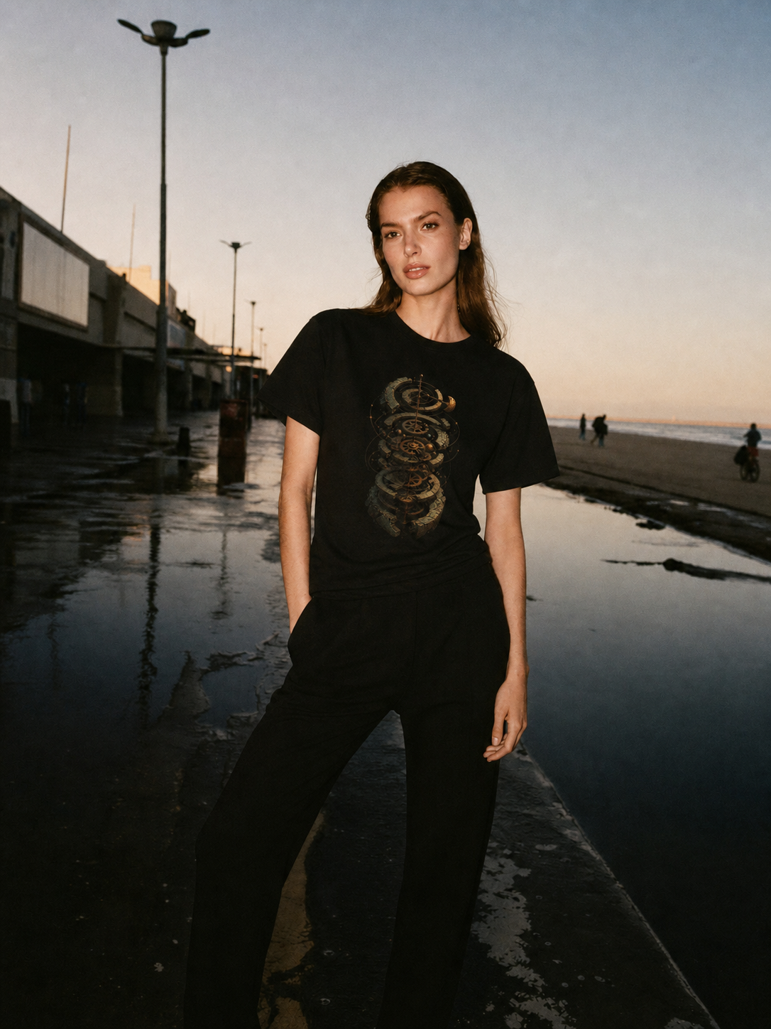Antikythera Celestial Mechanism black T-shirt — female Athens lifestyle shot 04